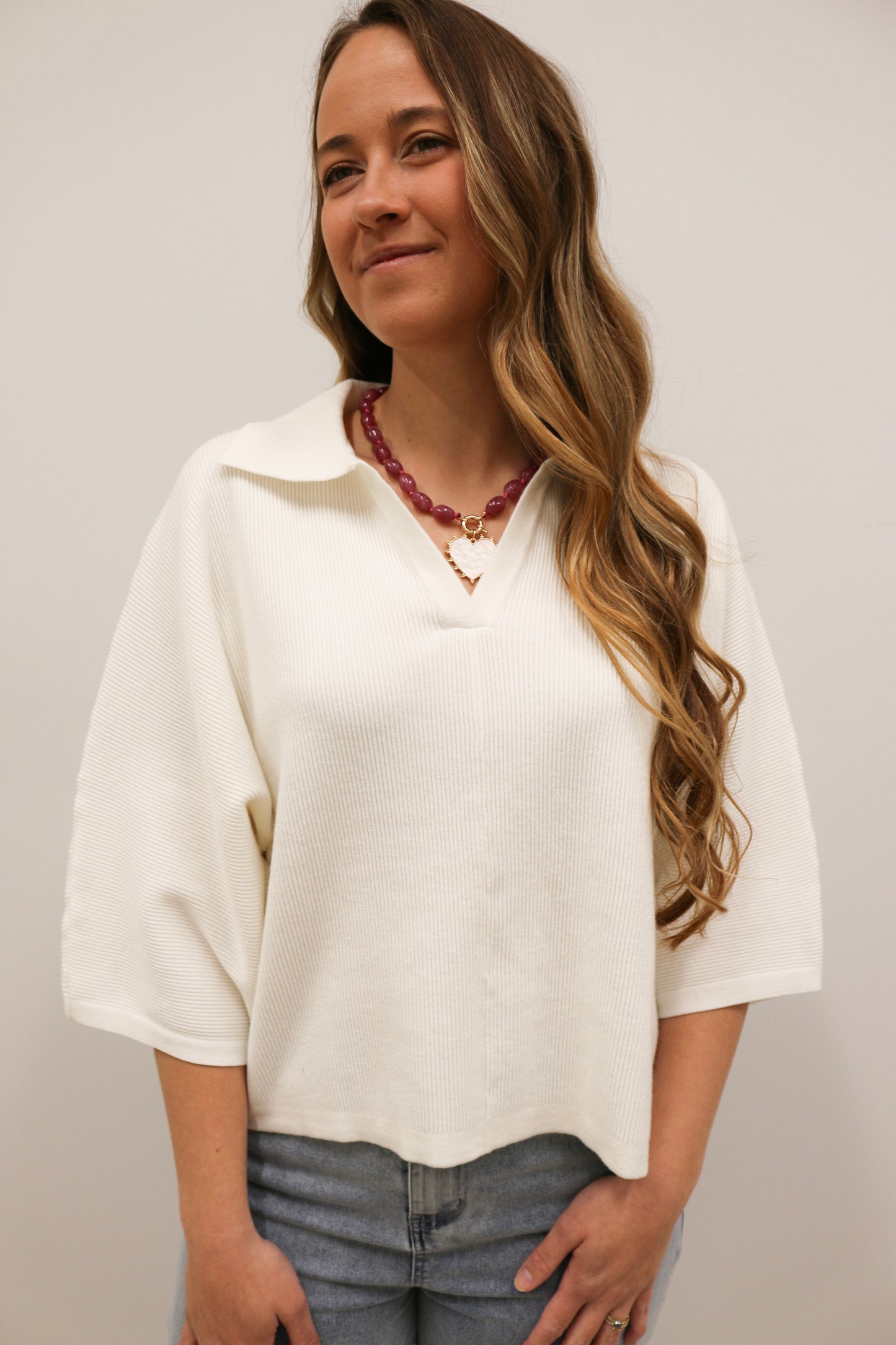 Julia Beaded Natural Stone Heart Pendant Necklace - Pink