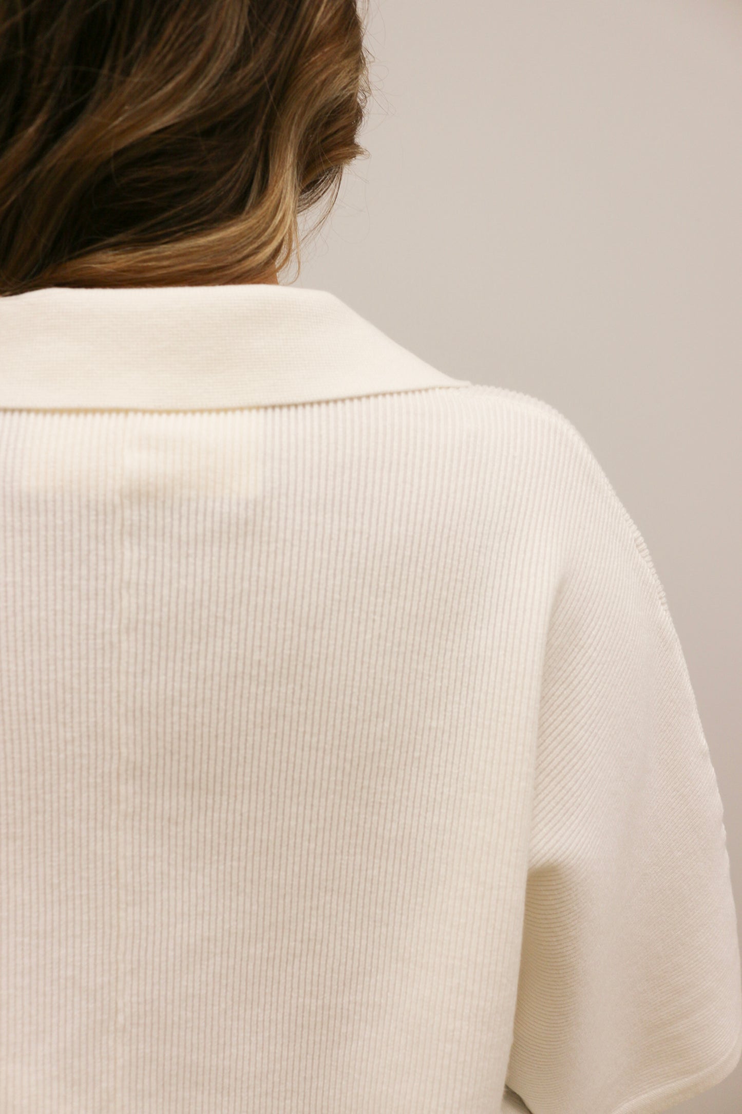 Megan Collared Split Neck Short Sleeve Sweater - Cream