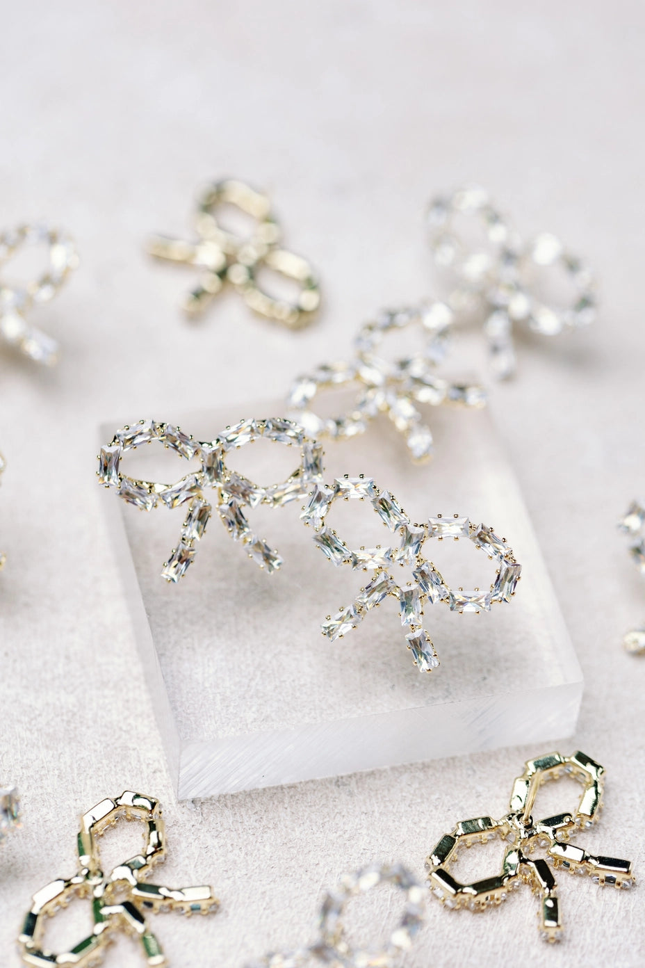 Sparkling Diamond Mini Bow Silver Statement Earrings