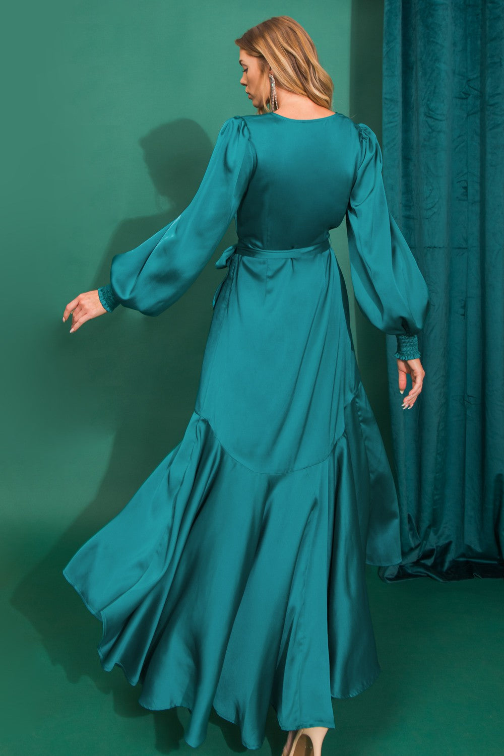 zSALE Miranda High-Low Silky Long Sleeve Dress - Teal