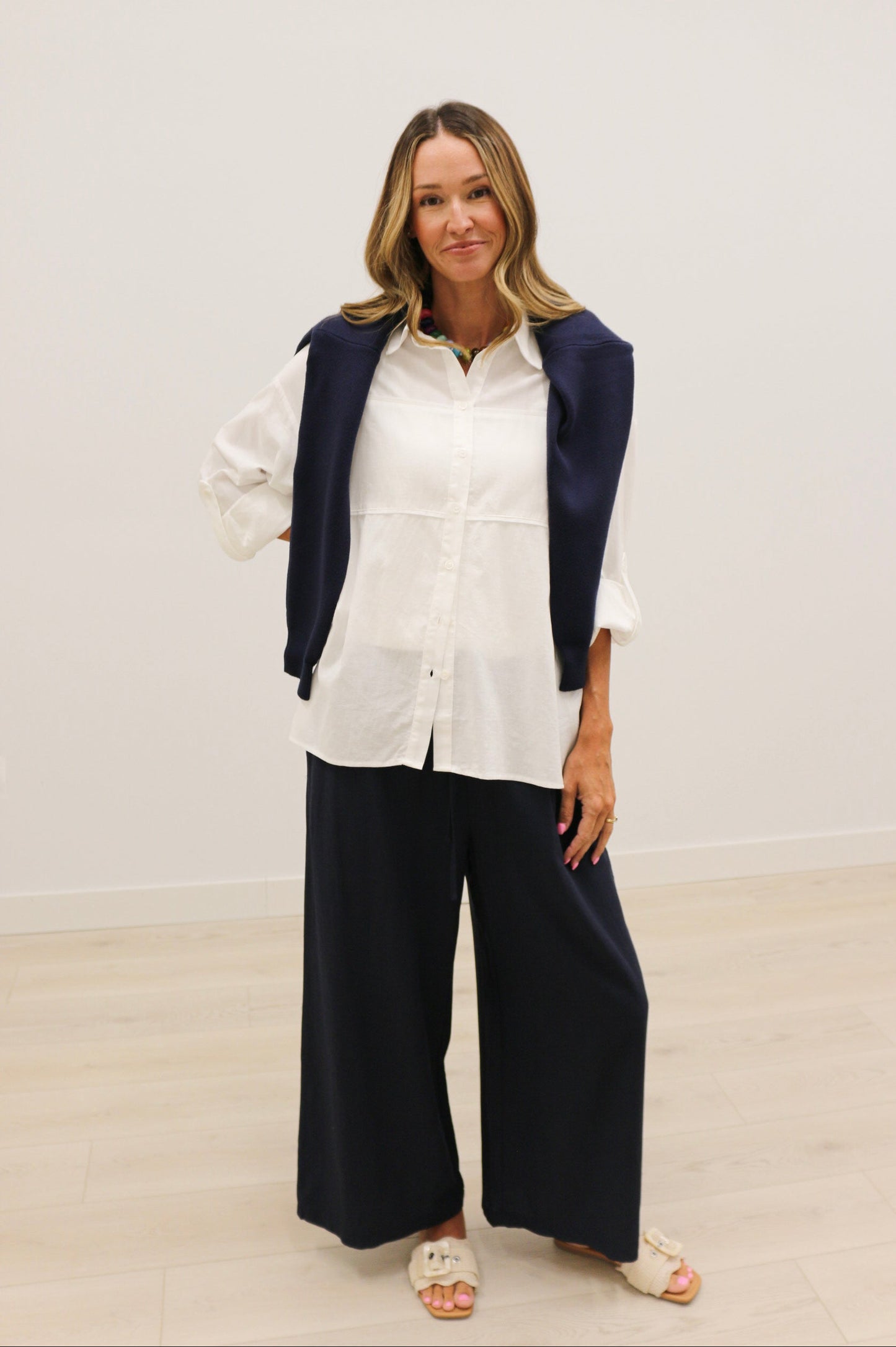 Monroe Drawstring Waist Wide Leg Trousers - Midnight Navy