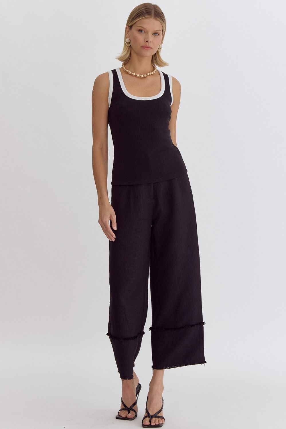 Nadia Sleeveless Contrast Trim Rib Knit Tank Top - Black White