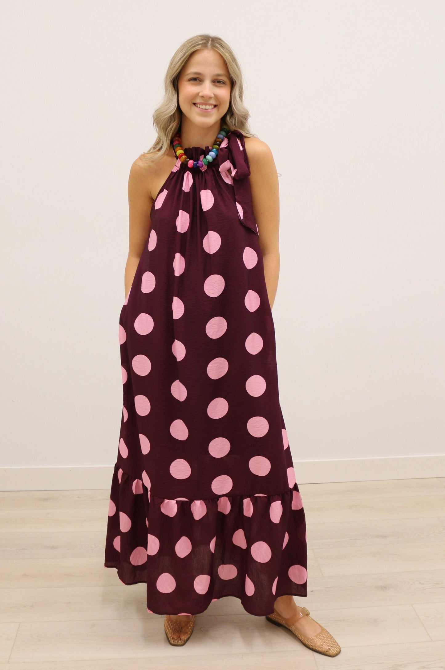 Nicolette Polka Dot Print Bow Maxi Dress - Plum Multi