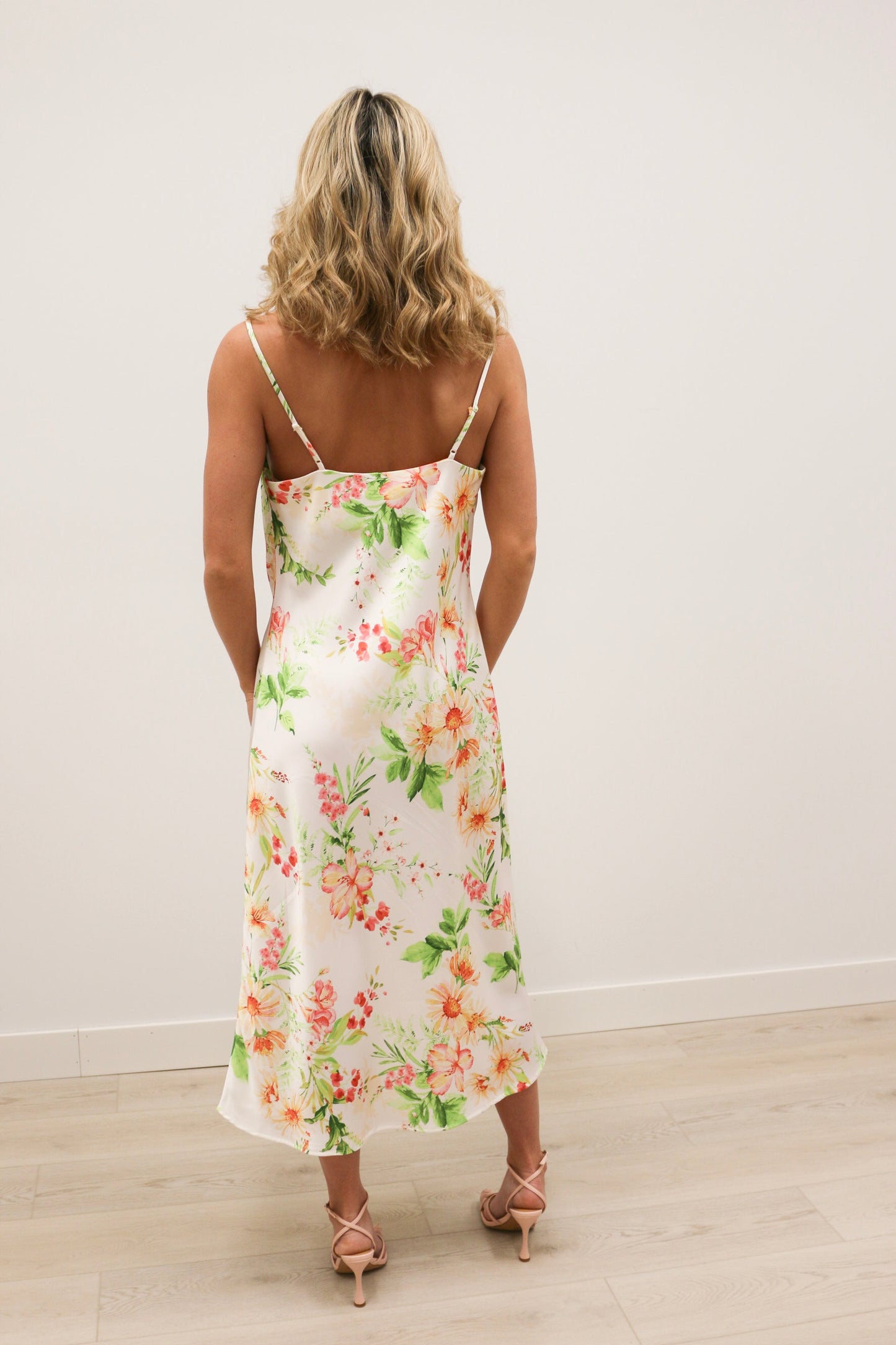 Ophelia Floral Print Silky Midi Dress 3D Rosette - Ivory Multi