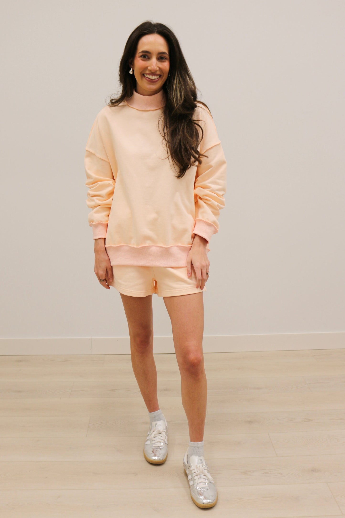 Paige Soft Knit Drop Shoulder Mock Neck Pullover Sweatshirt - Baby Pink