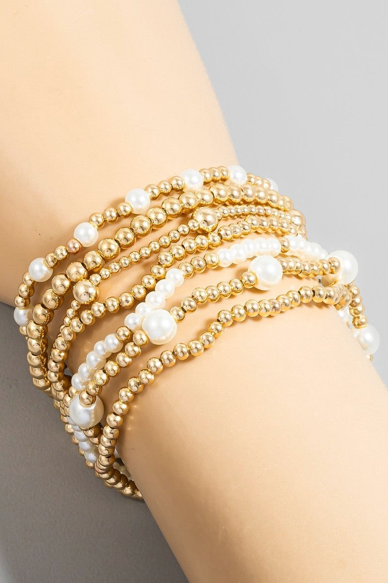 Pearl Metallic Beaded Layered Bracelet Set - Pearl Gold