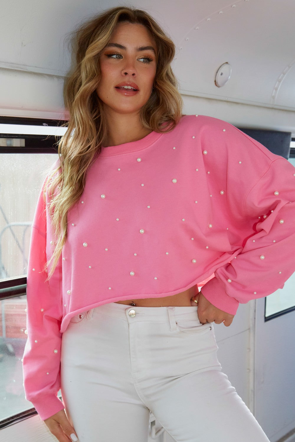 zSALE Pearl Studded Cropped Sweatshirt Pullover - Pink