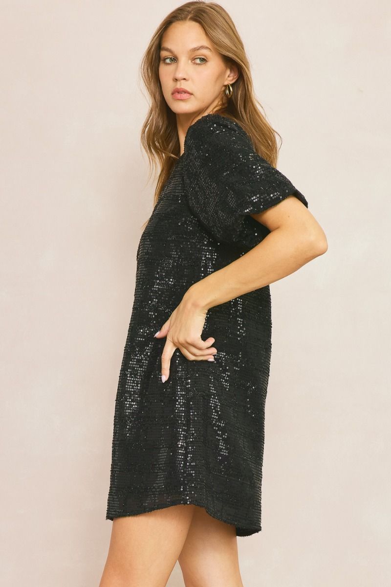 Regent Bubble Sleeve Black Sequin Square Detail Mini Dress - Black