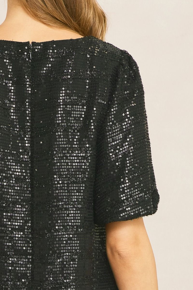 Regent Bubble Sleeve Black Sequin Square Detail Mini Dress - Black