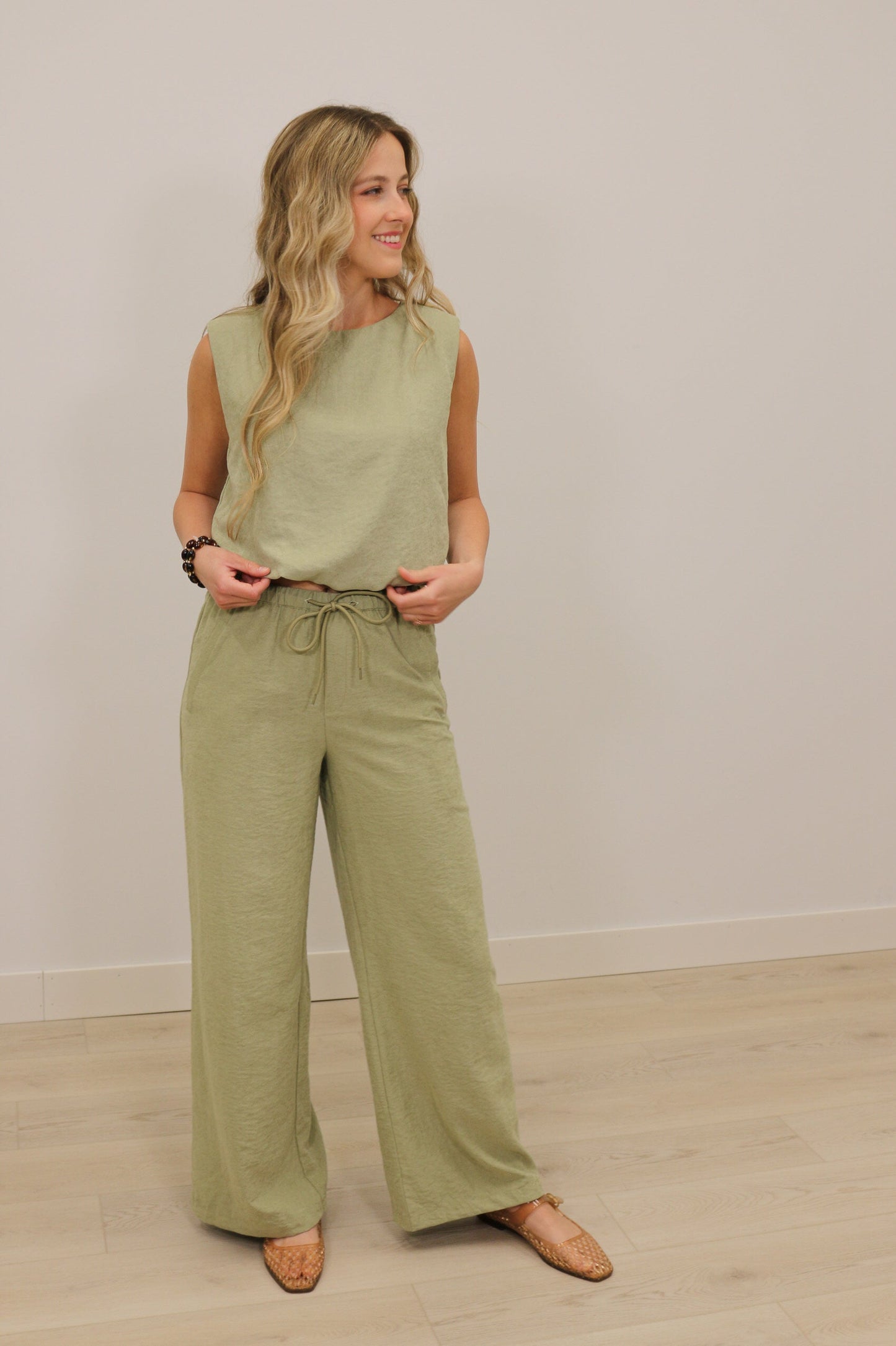 Sonya Suede High Waisted Drawstring Wide Leg Pants - Light Olive Green