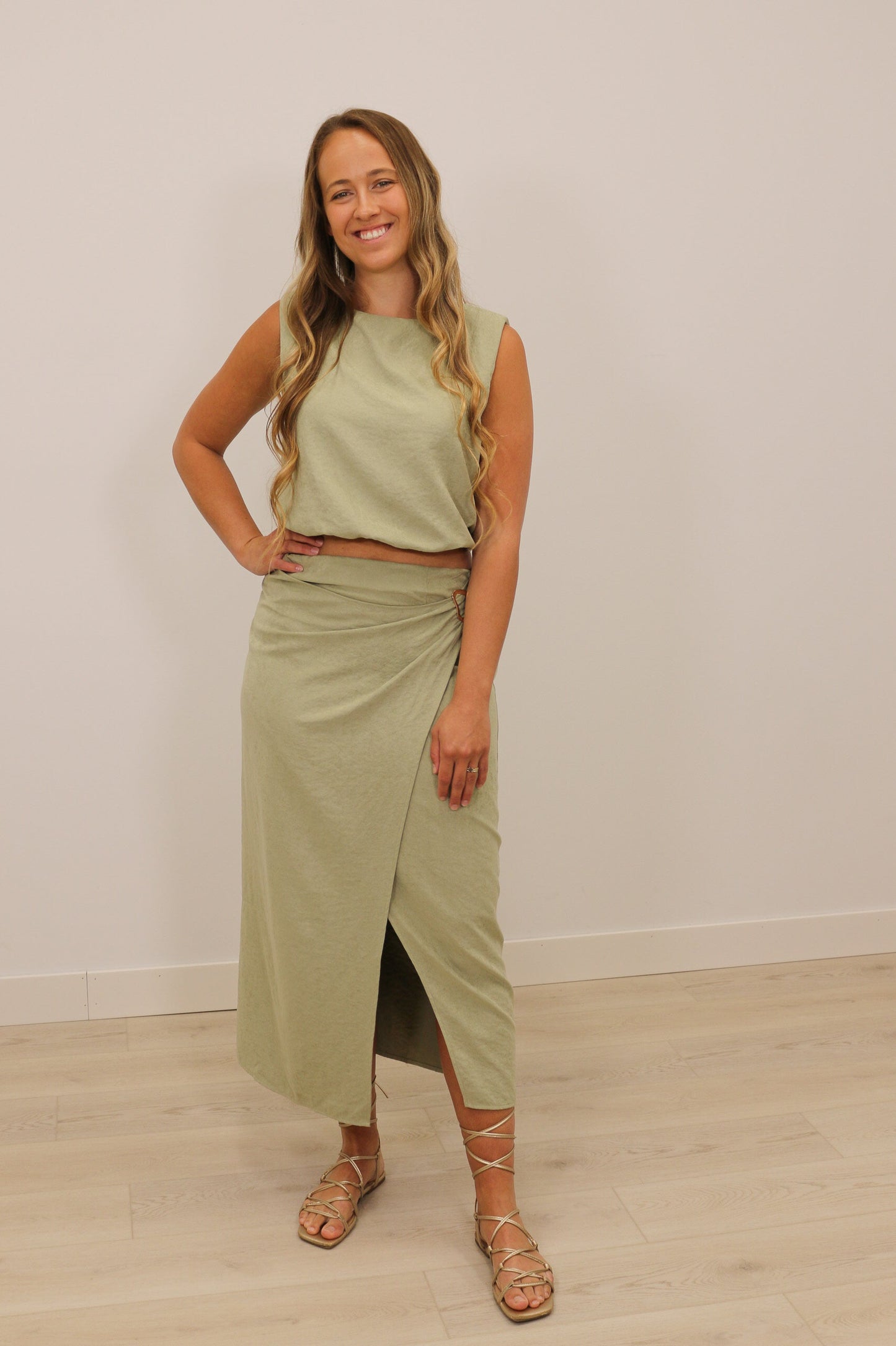 Sonya Suede Sleeveless Bubble Blouse - Light Olive Green