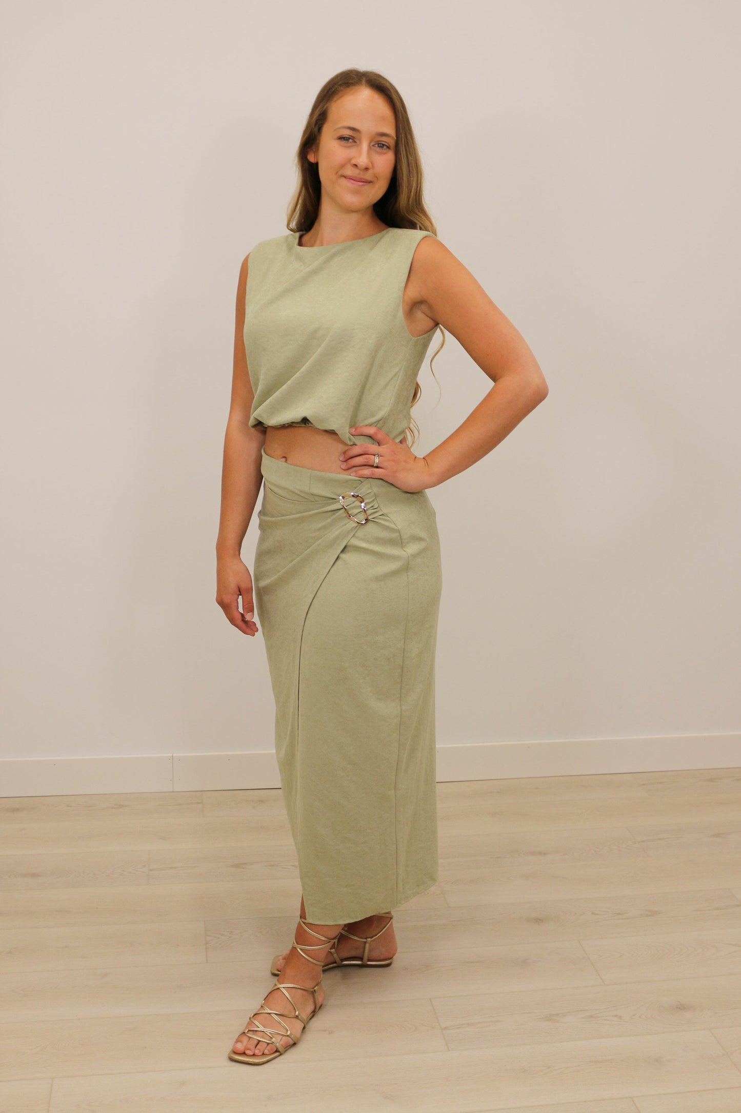 Sonya Suede Wrap Over Midi Skirt Gold Hardware - Light Olive Green