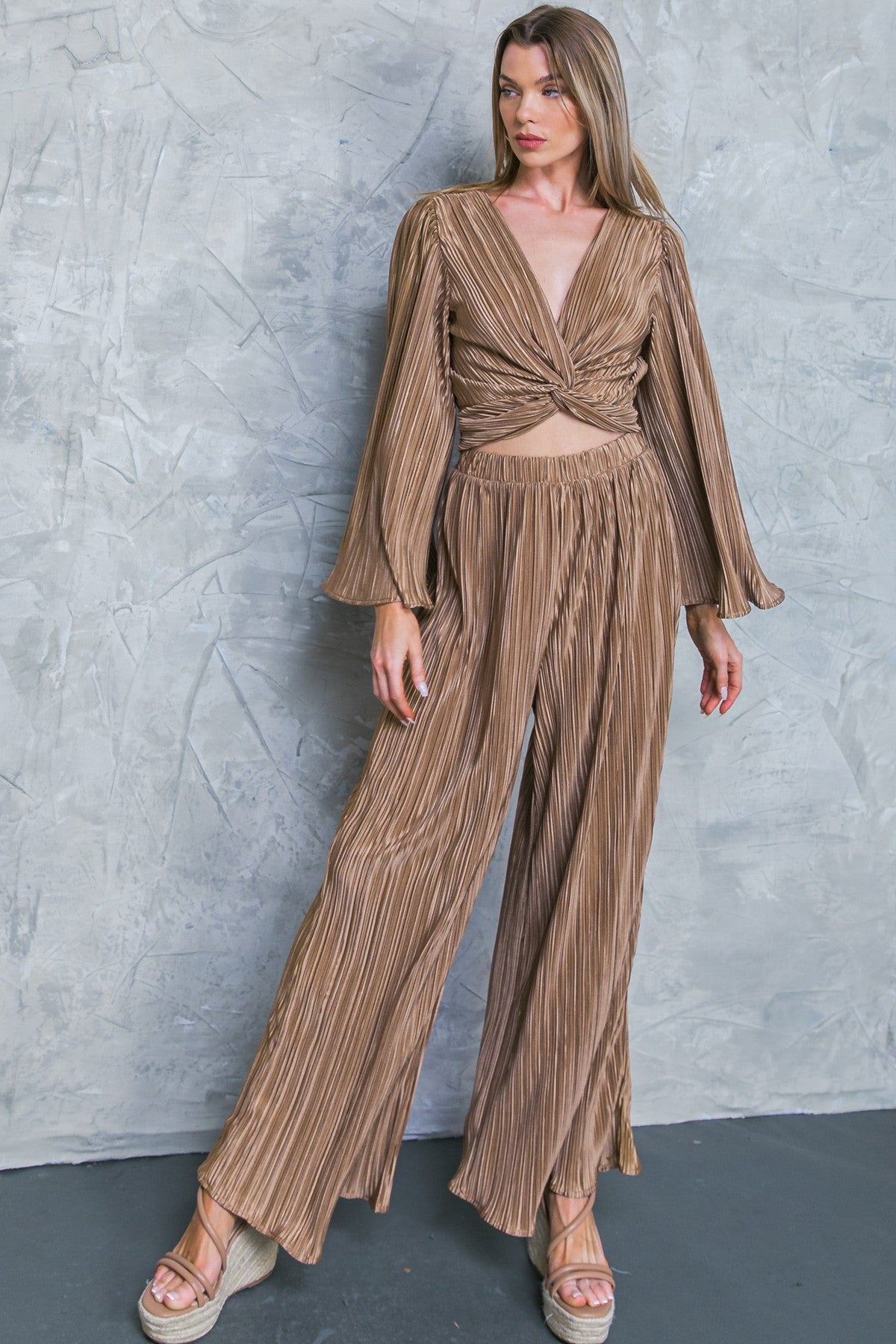 Sophia Plisse Pleated Deep V Twist Front Blouse - Bronze
