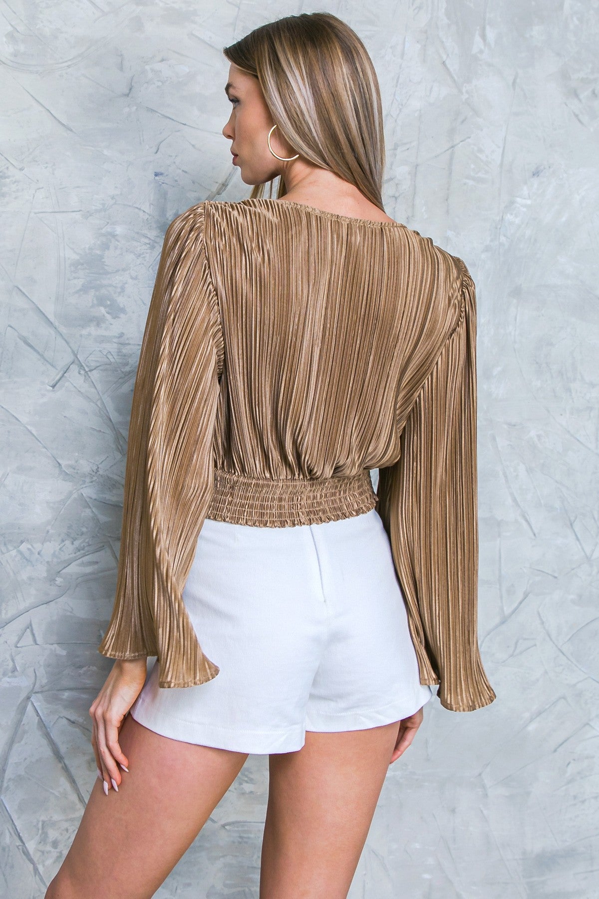 Sophia Plisse Pleated Deep V Twist Front Blouse - Bronze
