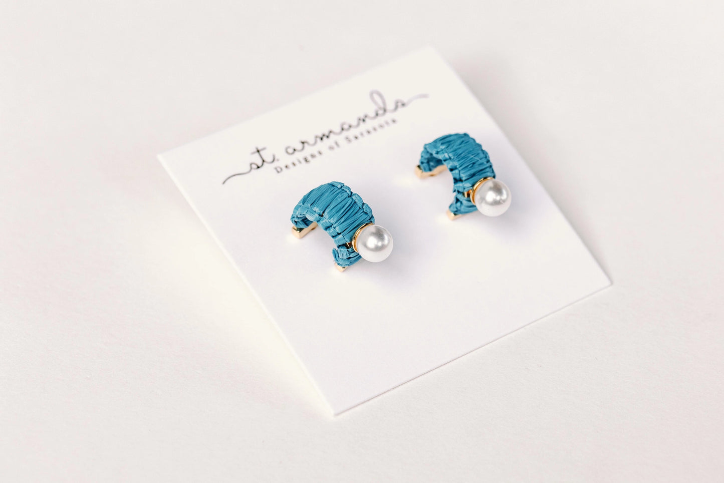 Mini Raffia and Pearl Huggie Hoop Earrings - Cornflower Blue