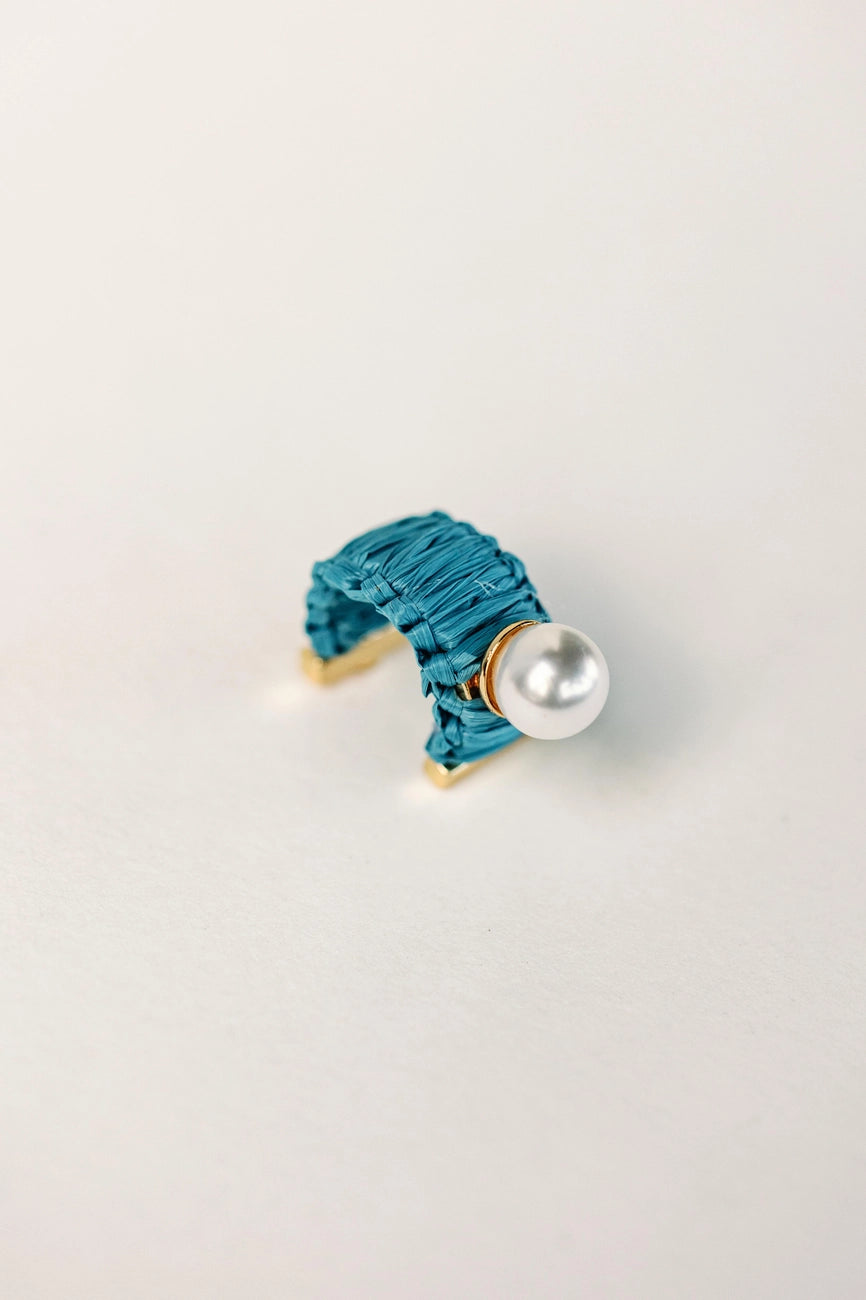 Mini Raffia and Pearl Huggie Hoop Earrings - Cornflower Blue