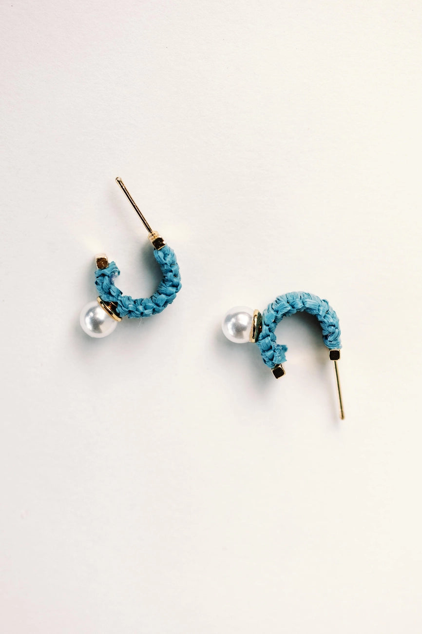 Mini Raffia and Pearl Huggie Hoop Earrings - Cornflower Blue