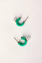 Load image into Gallery viewer, Mini Raffia and Pearl Huggie Hoop Earrings - Green

