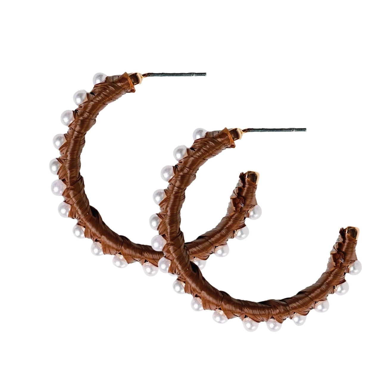 Studded Pearl Raffia Statement Hoop Earrings - Dark Brown