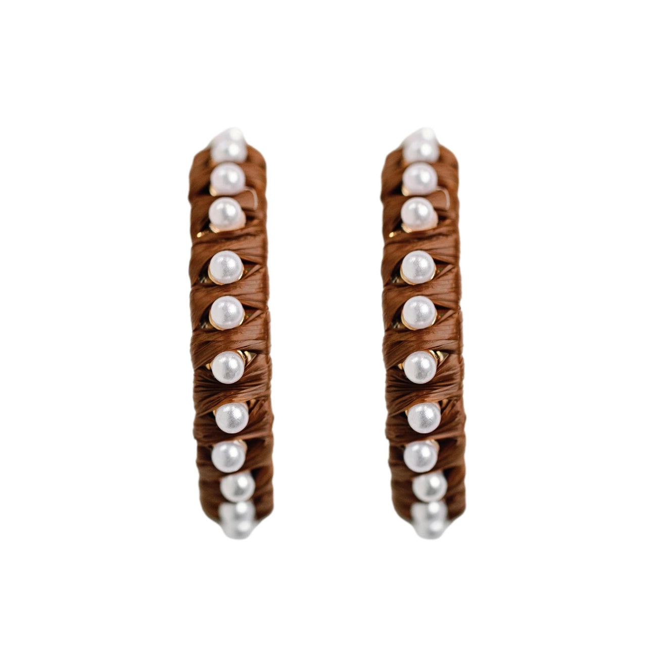 Studded Pearl Raffia Statement Hoop Earrings - Dark Brown