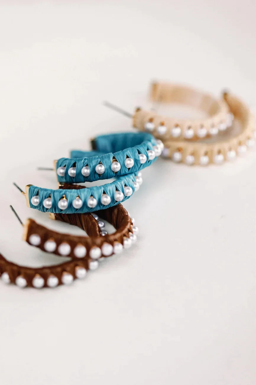Studded Pearl Raffia Statement Hoop Earrings - Dark Brown