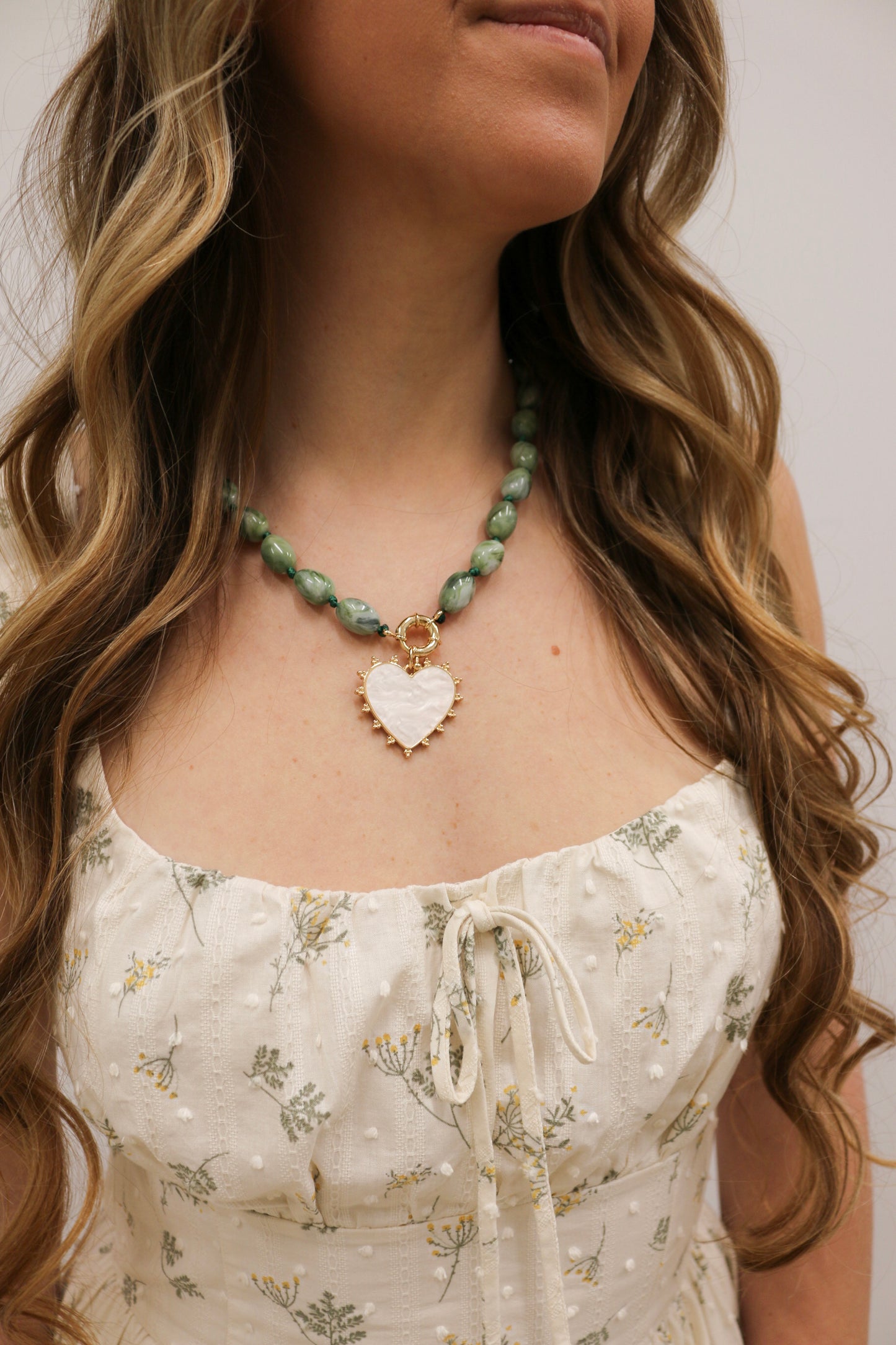 Julia Beaded Natural Stone Heart Pendant Necklace - Green