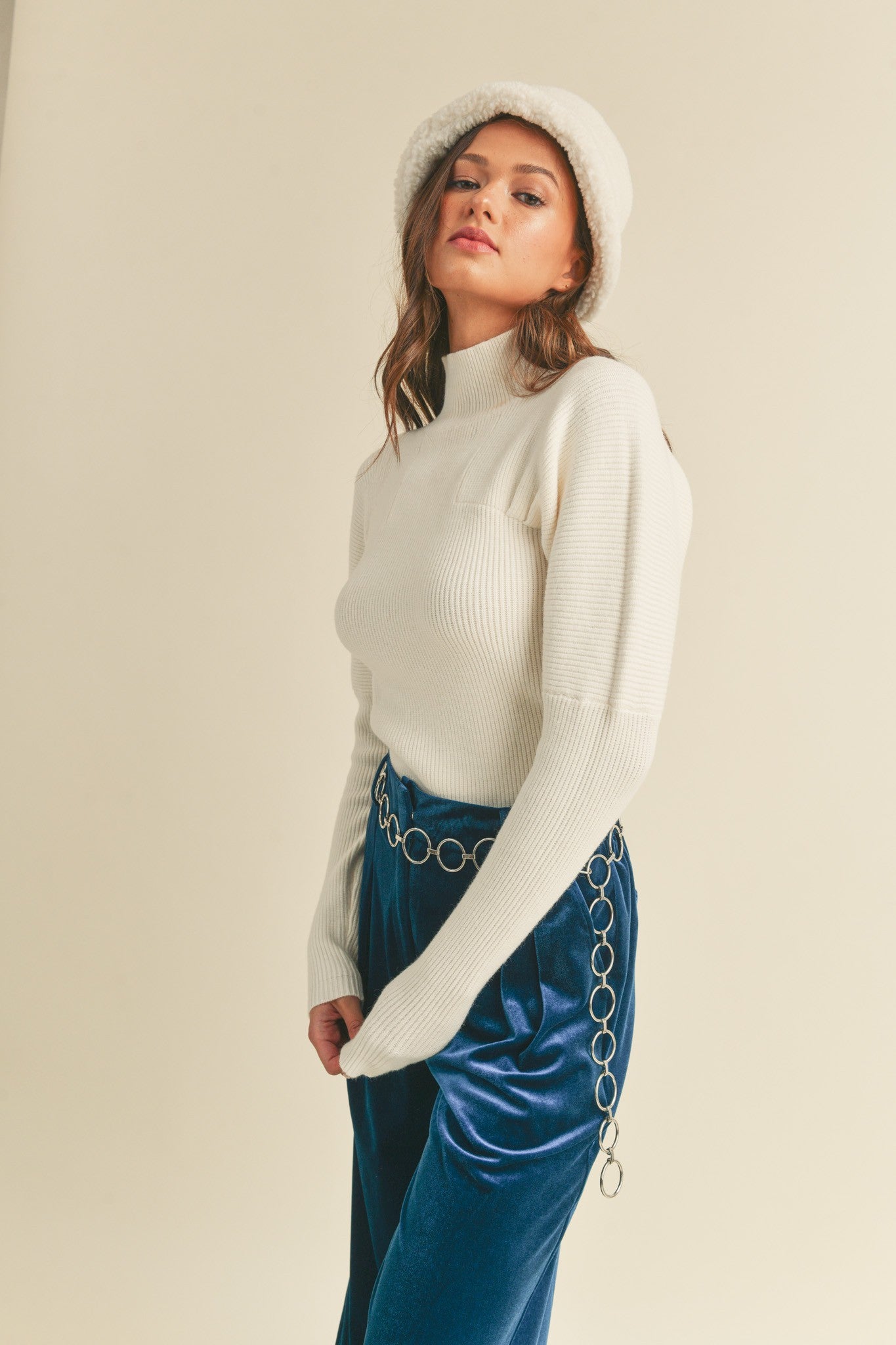 Snow Bunny Ribbed Mock Neck Shirring Detail Long Sleeve Sweater - Winter White