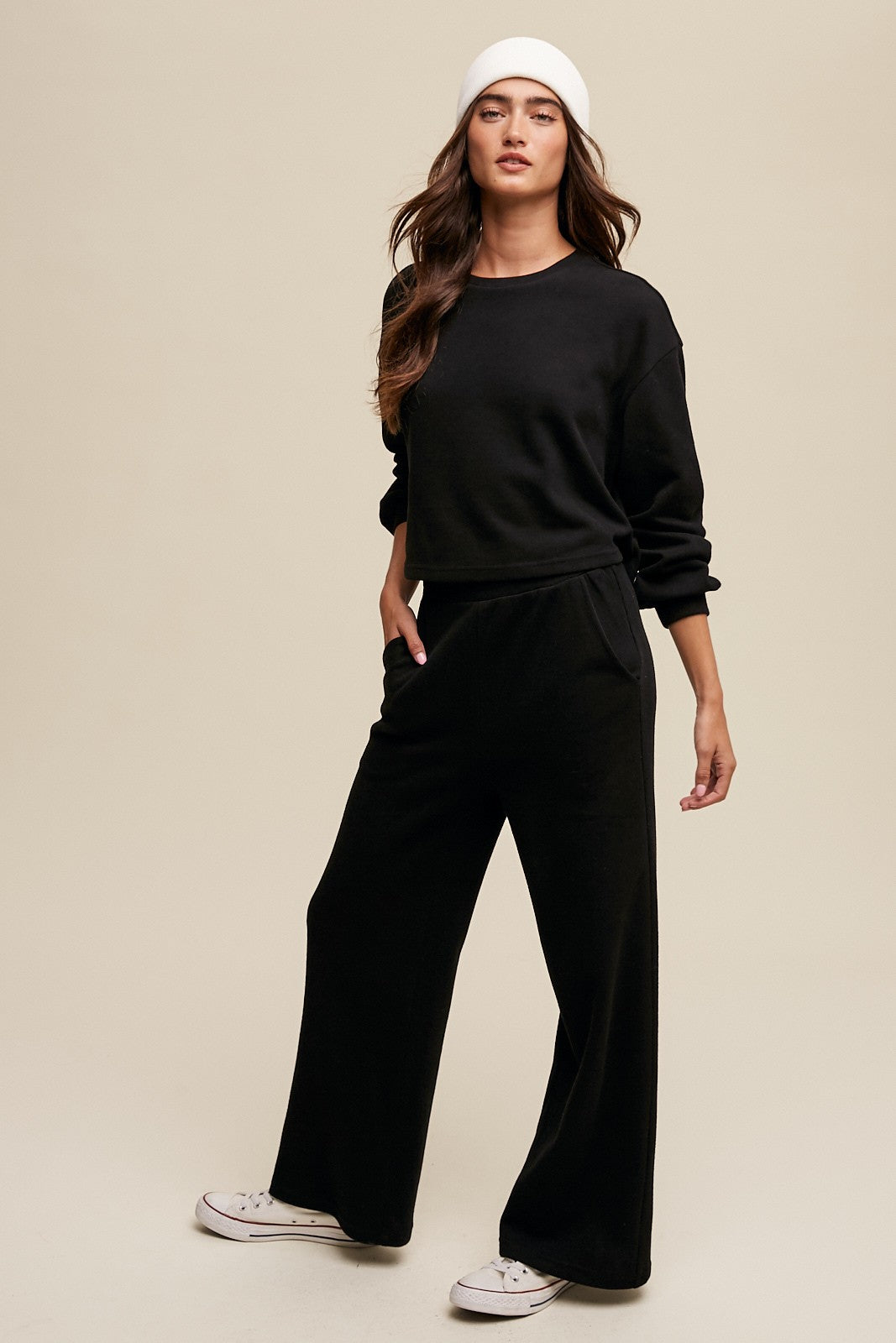 Kaia Long Sleeve Top and Wide Leg Pant Knit Athleisure Lounge Set - Black