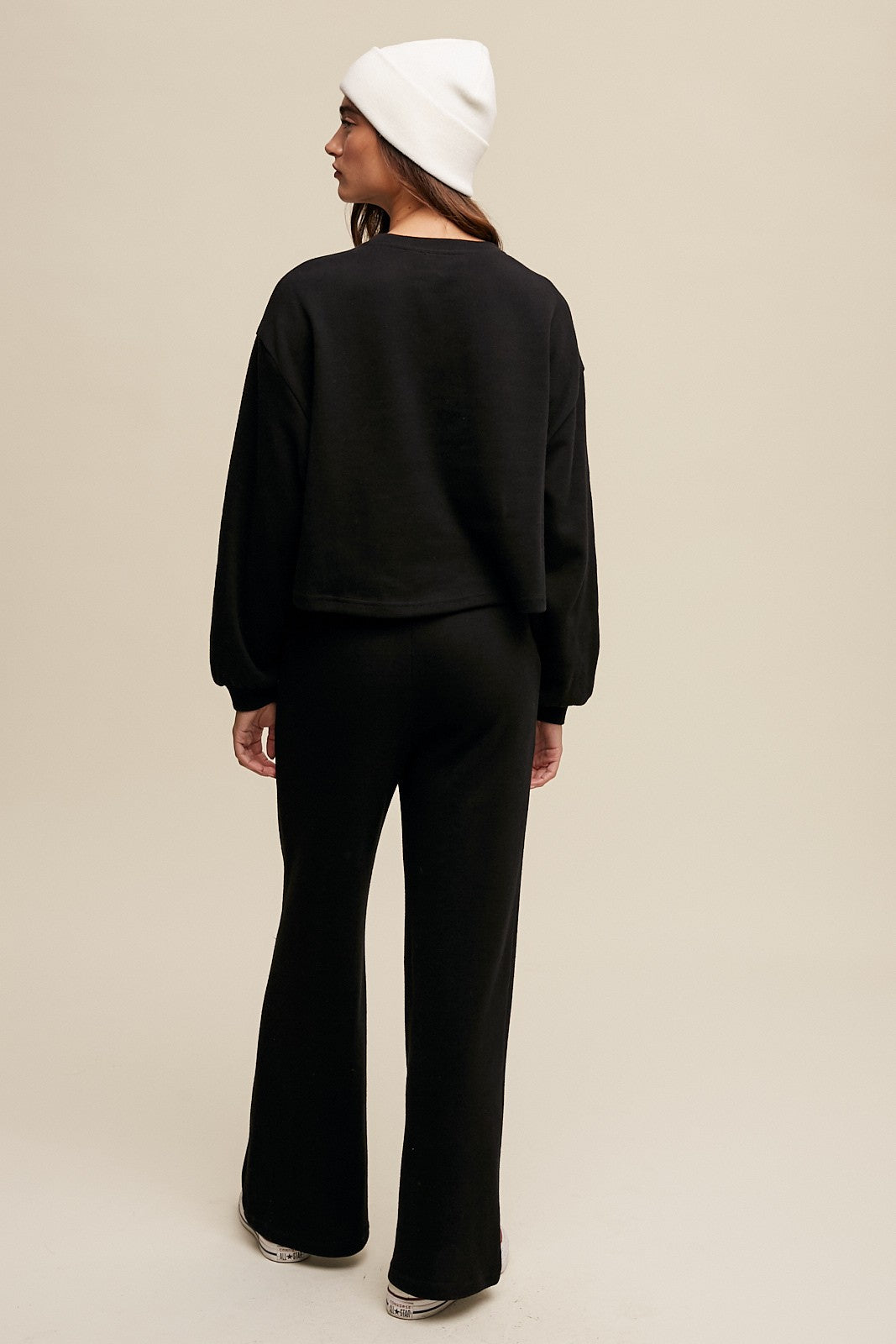 Kaia Long Sleeve Top and Wide Leg Pant Knit Athleisure Lounge Set - Black