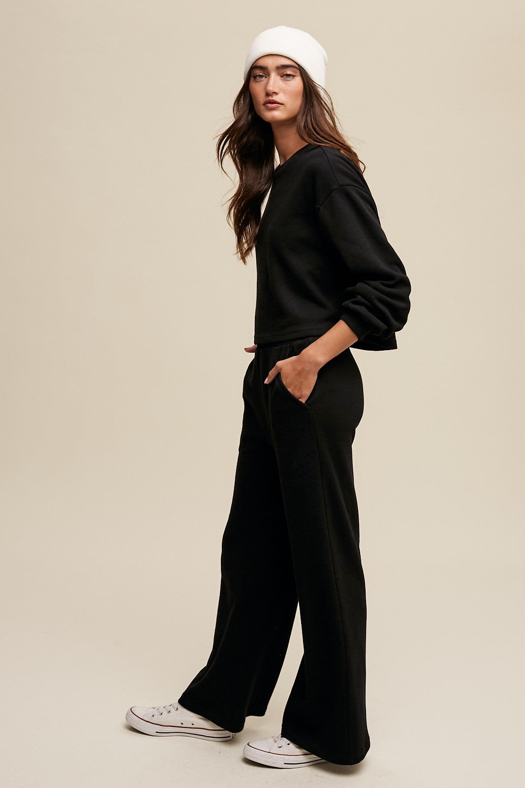 Kaia Long Sleeve Top and Wide Leg Pant Knit Athleisure Lounge Set - Black