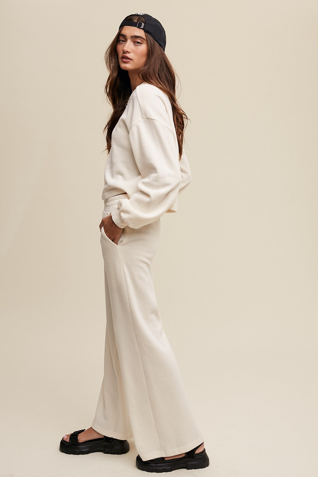 Kaia Long Sleeve Top and Wide Leg Pant Knit Athleisure Lounge Set - Cream