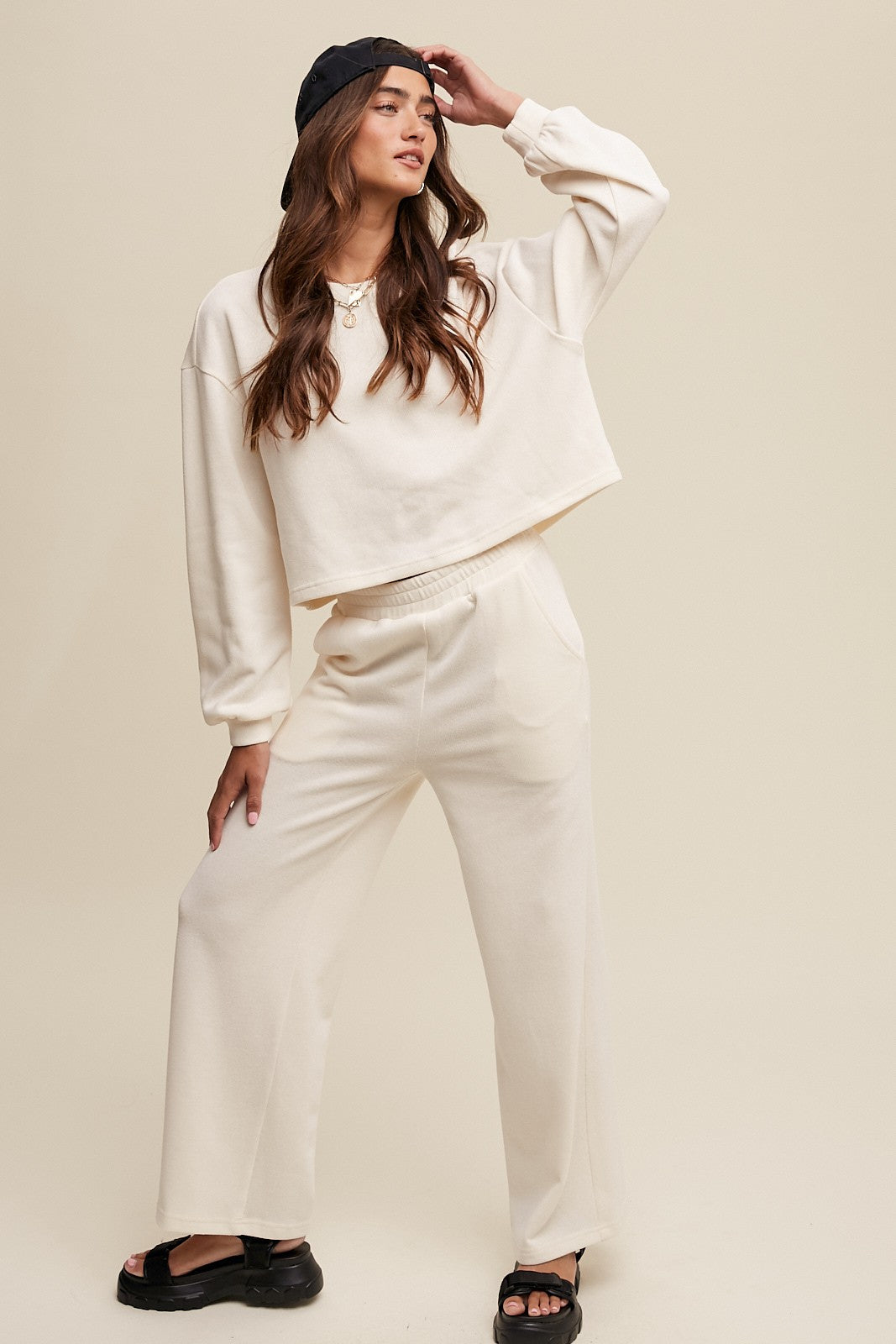 Kaia Long Sleeve Top and Wide Leg Pant Knit Athleisure Lounge Set - Cream