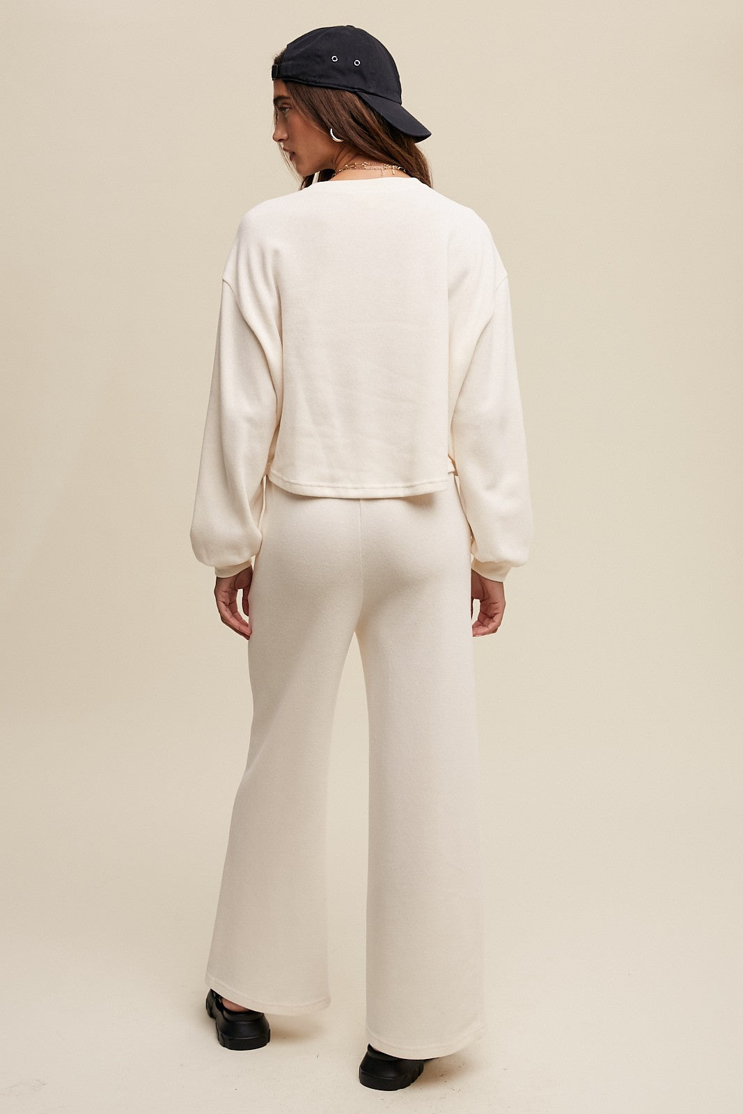 Kaia Long Sleeve Top and Wide Leg Pant Knit Athleisure Lounge Set - Cream