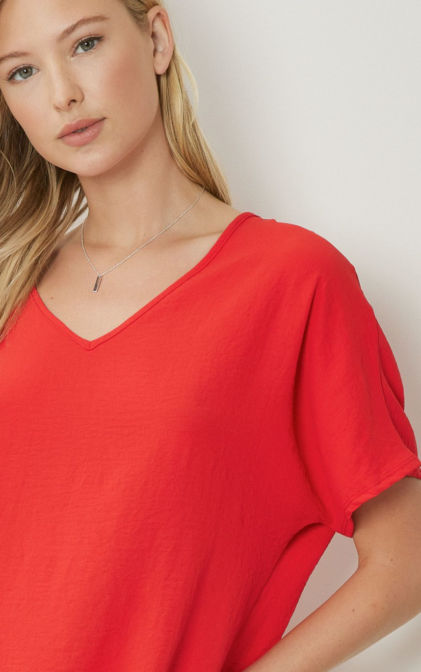 Thea Essential V-Neck Short Sleeve Woven Blouse - Red