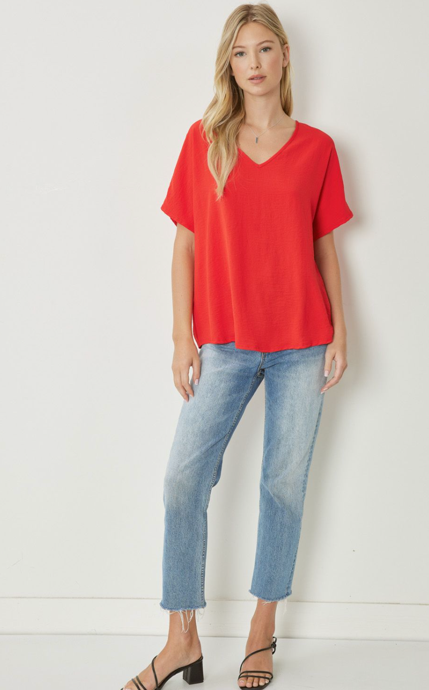 Thea Essential V-Neck Short Sleeve Woven Blouse - Red