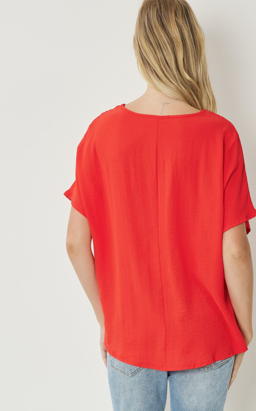 Thea Essential V-Neck Short Sleeve Woven Blouse - Red