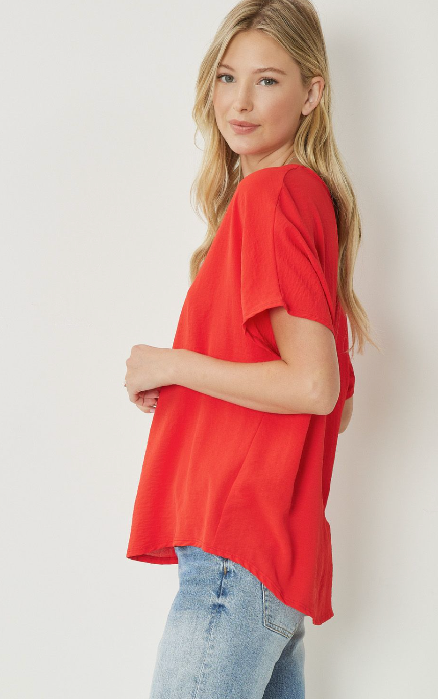 Thea Essential V-Neck Short Sleeve Woven Blouse - Red