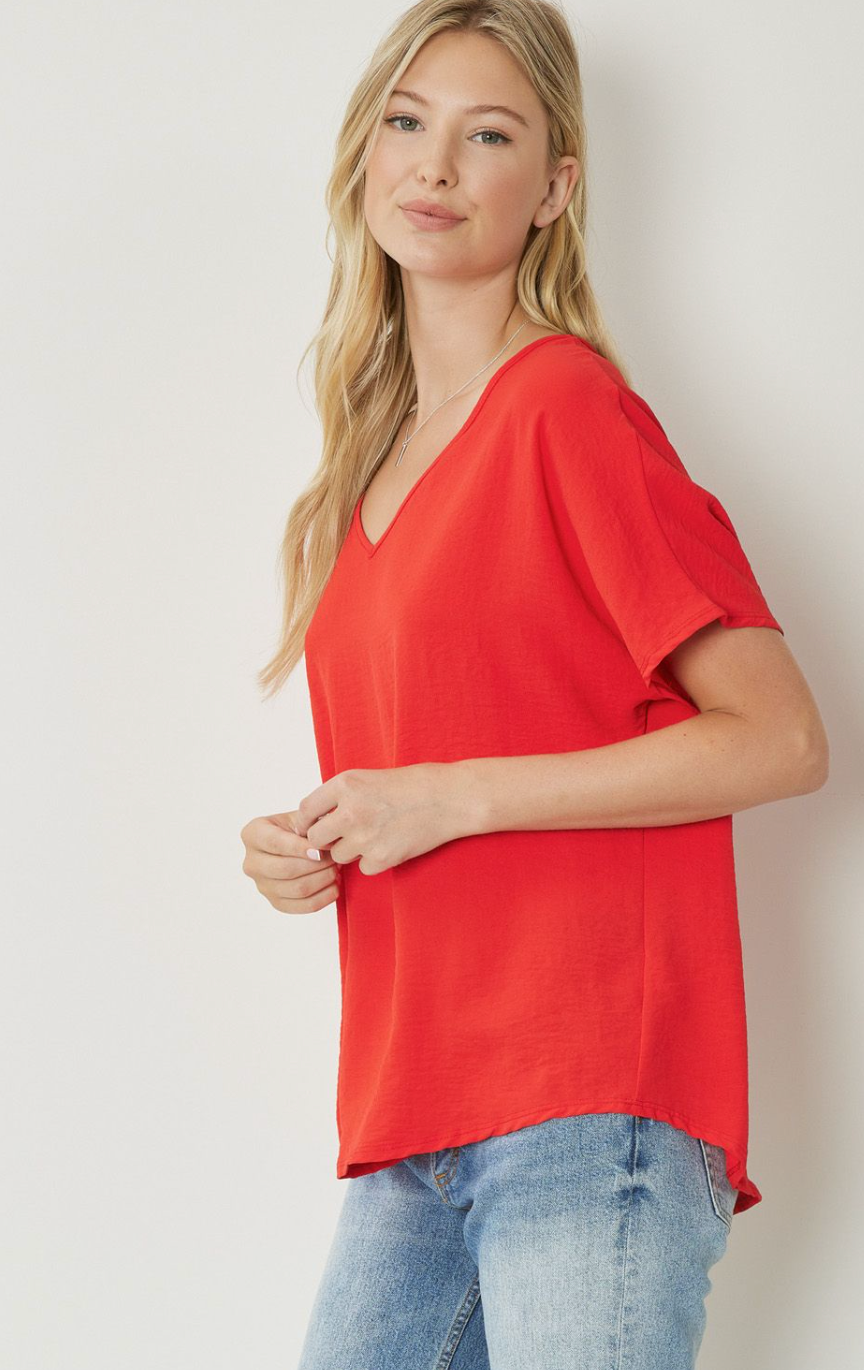 Thea Essential V-Neck Short Sleeve Woven Blouse - Red