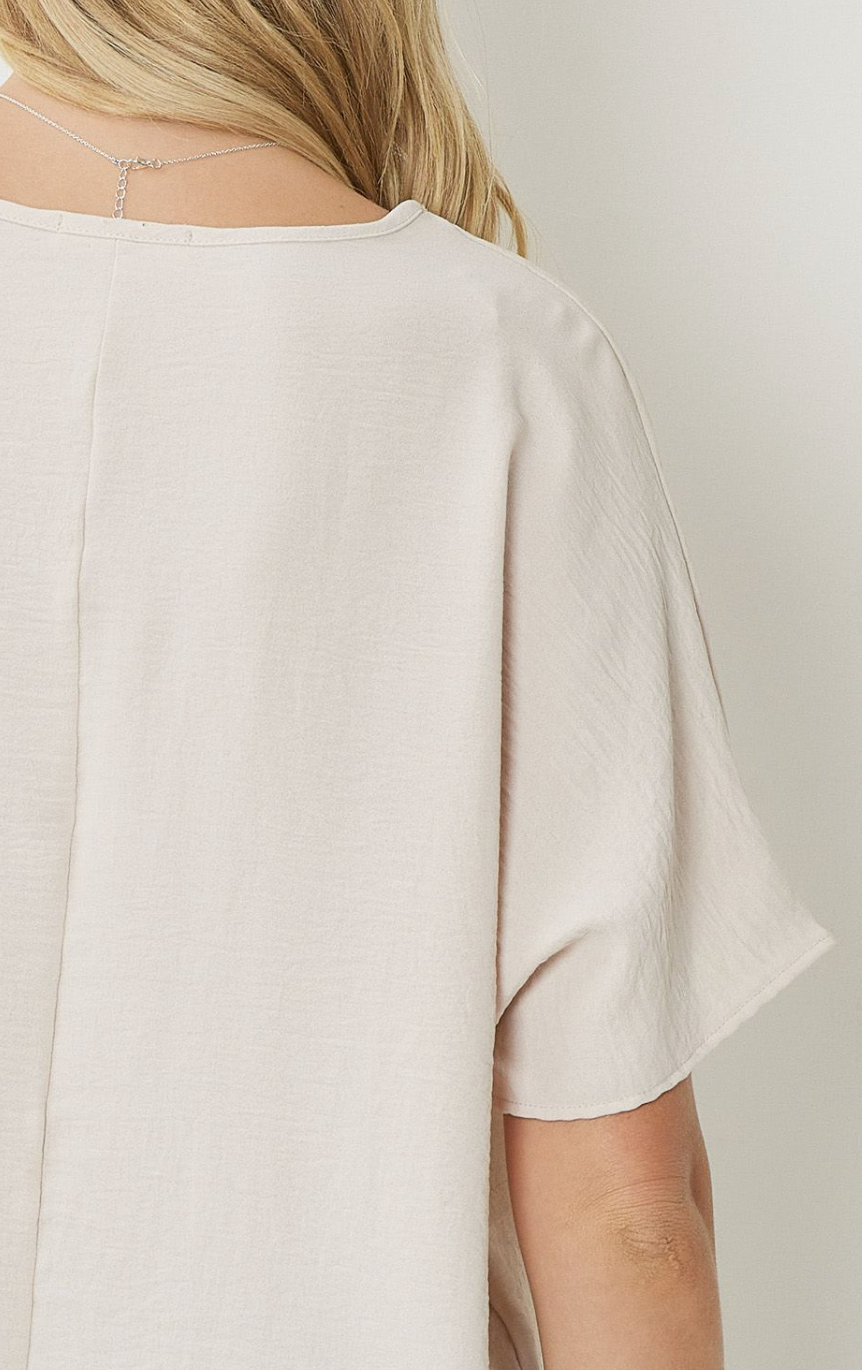 Thea Essential V-Neck Short Sleeve Woven Blouse - Oatmeal