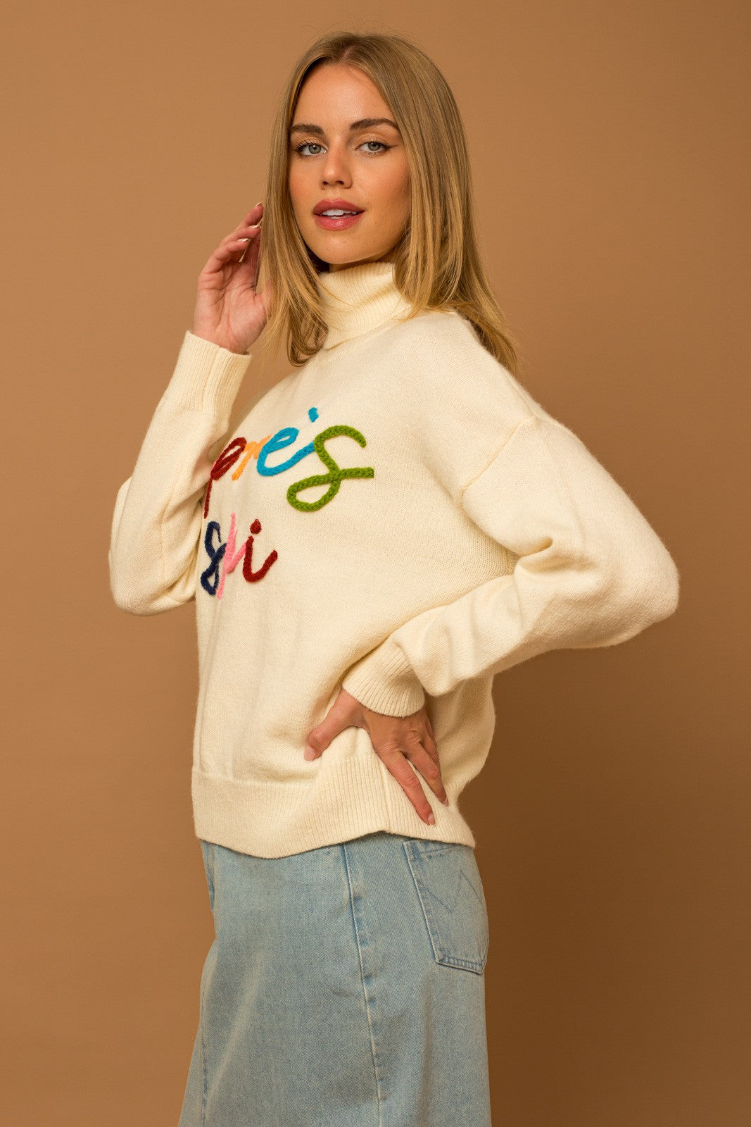 Apres Ski 3D Letter Long Sleeve Turtleneck Sweater - Ivory Multi