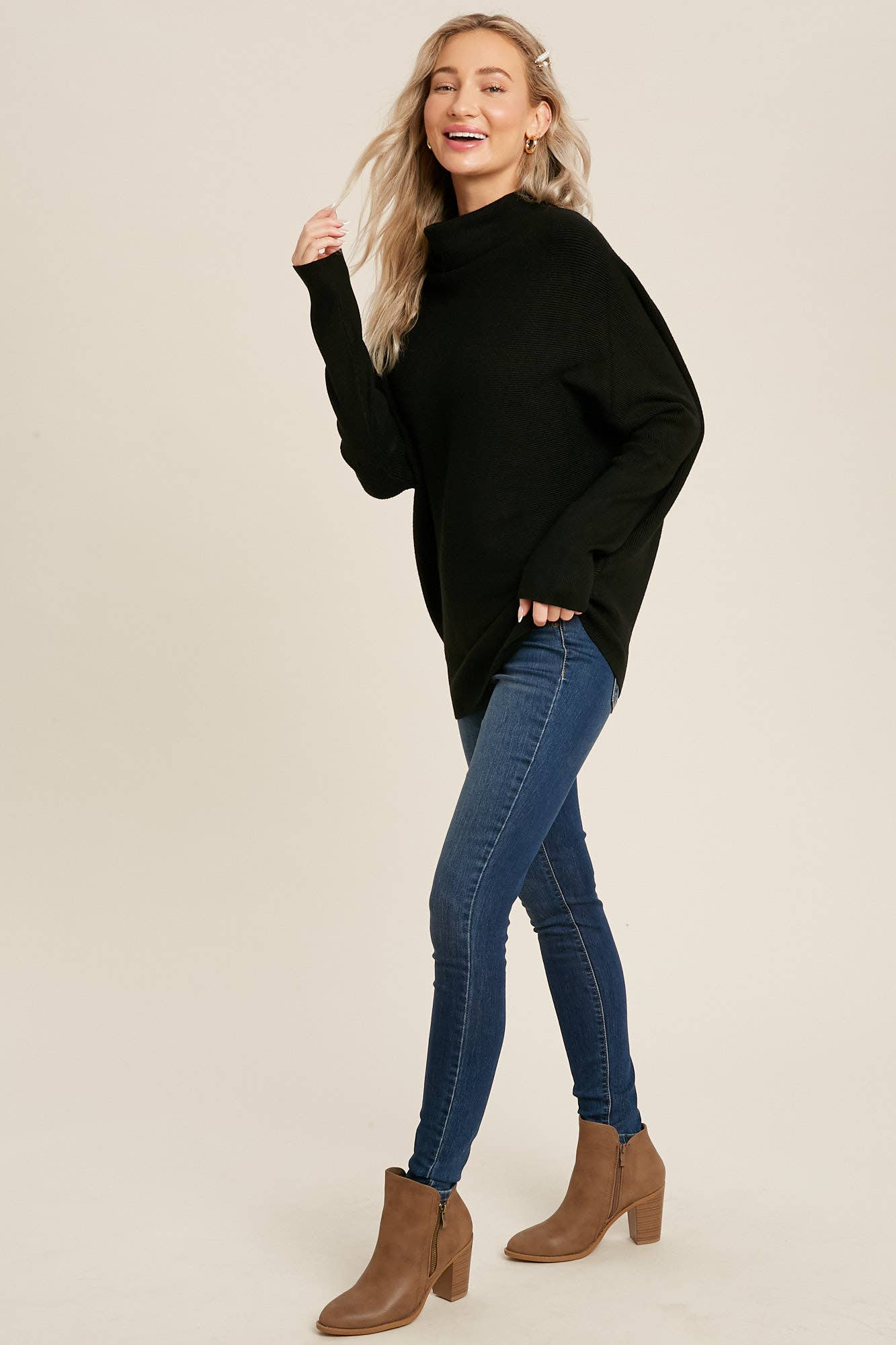 Chloe Long Sleeve Dolman Pullover Sweater - Black