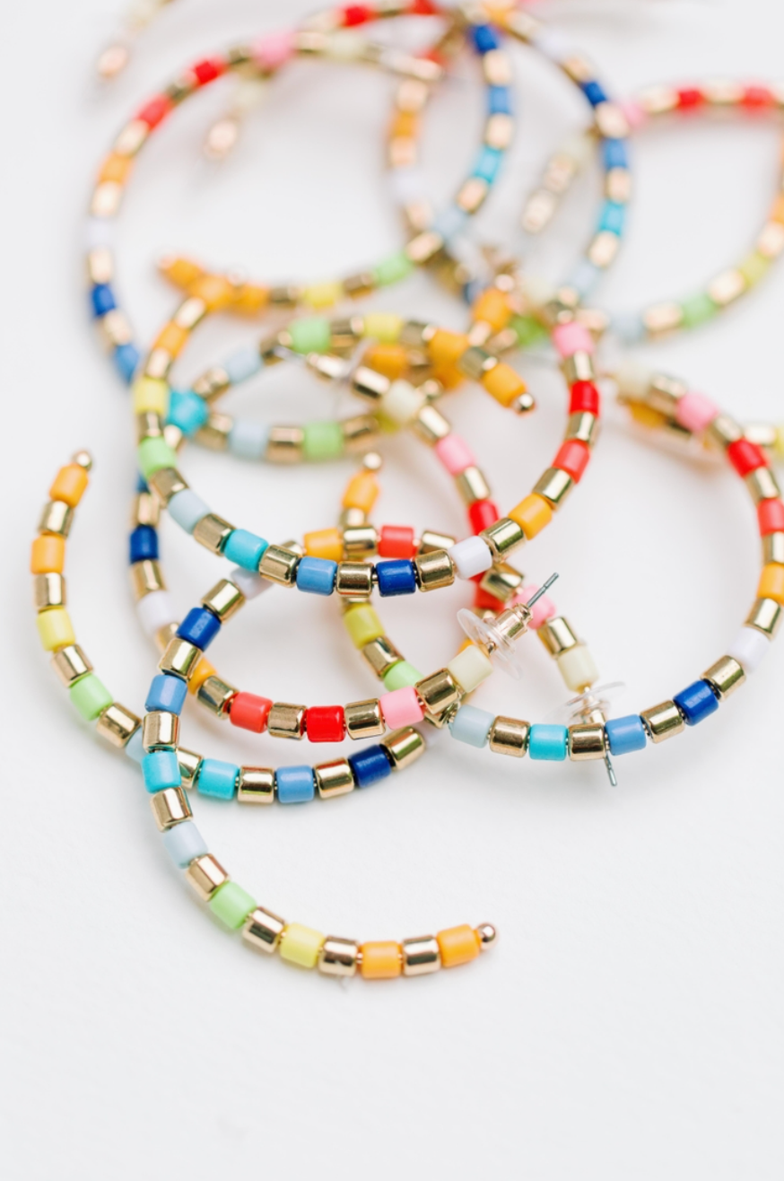 Rainbow & Gold Beaded Hoop Earrings