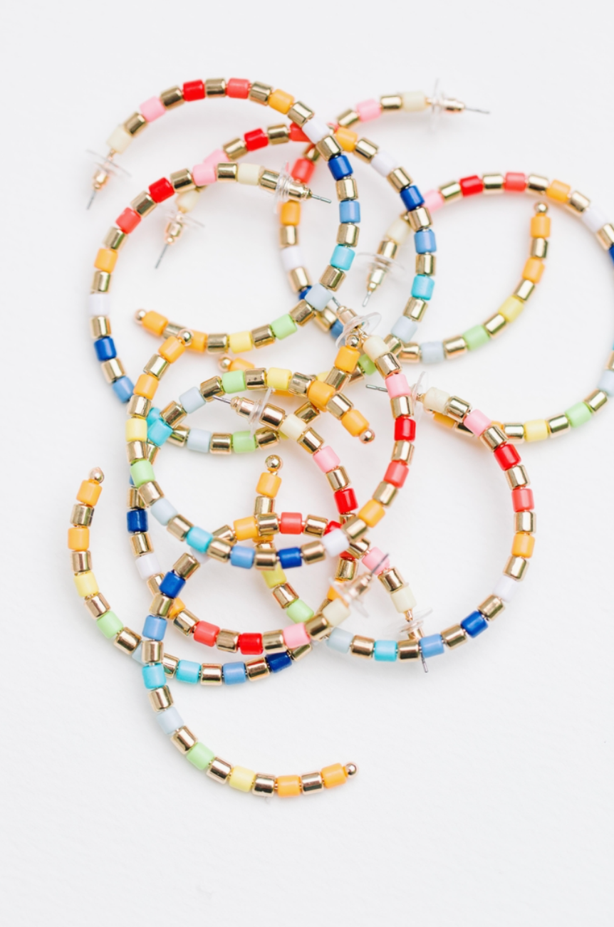 Rainbow & Gold Beaded Hoop Earrings