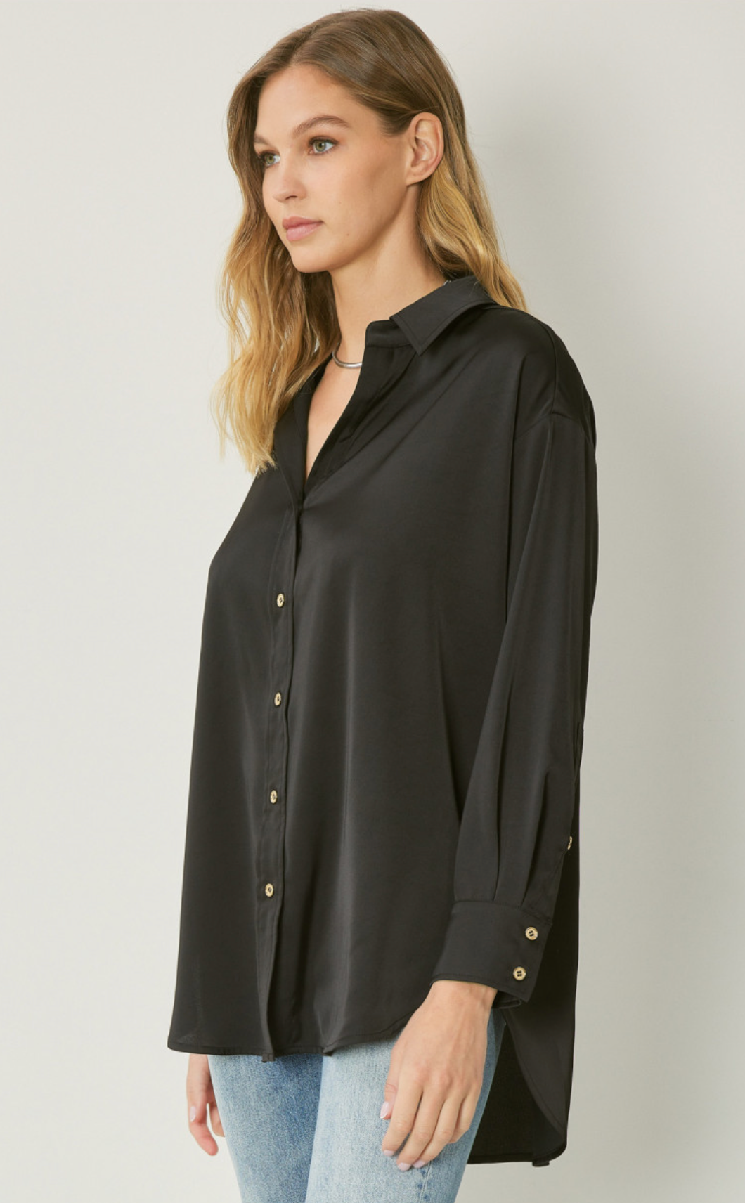 Amanda Silky Shine Button Up Woven Blouse - Black