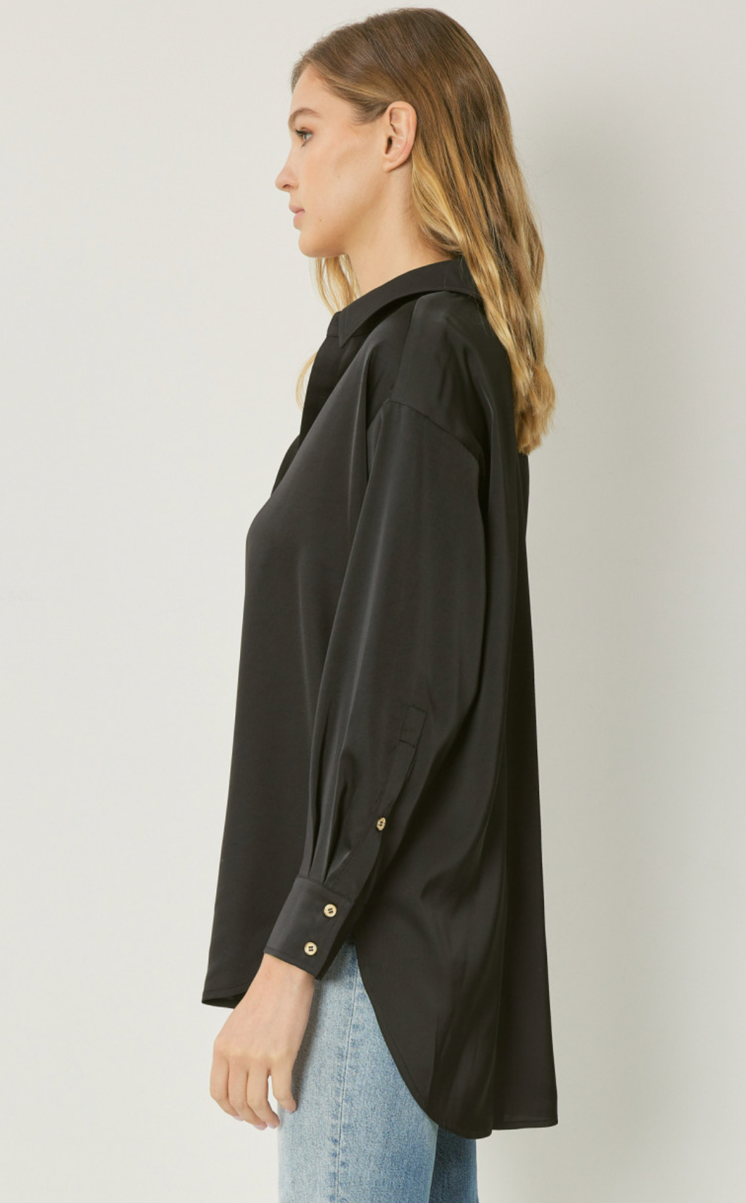 Amanda Silky Shine Button Up Woven Blouse - Black