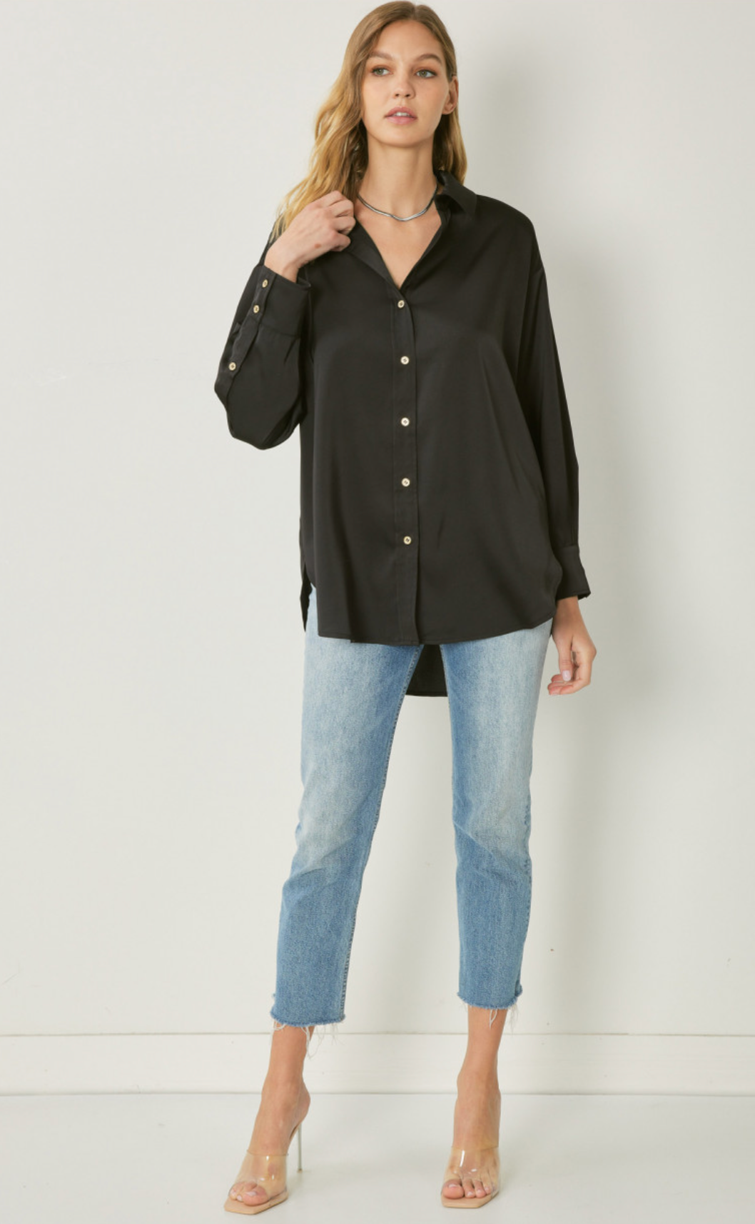 Amanda Silky Shine Button Up Woven Blouse - Black