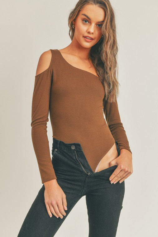 zSALE Camine Long Sleeve One Shoulder Cutout Bodysuit - Chocolate Brown