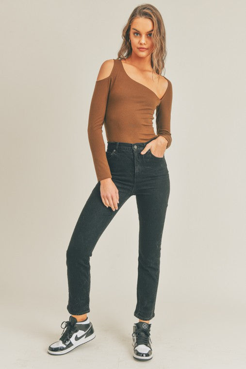 zSALE Camine Long Sleeve One Shoulder Cutout Bodysuit - Chocolate Brown