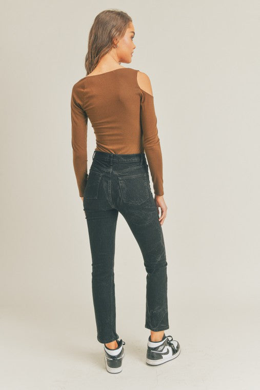 zSALE Camine Long Sleeve One Shoulder Cutout Bodysuit - Chocolate Brown