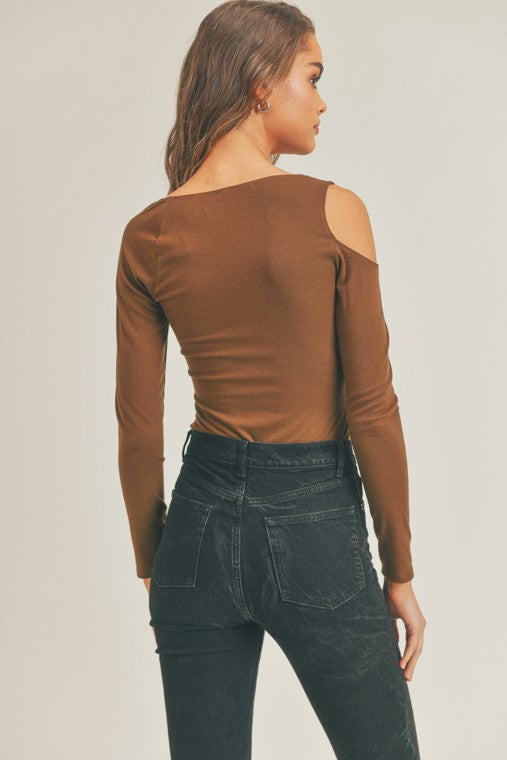 zSALE Camine Long Sleeve One Shoulder Cutout Bodysuit - Chocolate Brown